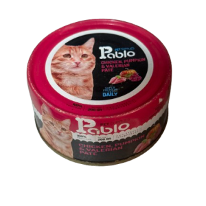 کنسرو پته سوپر پریمیوم گربه بالغ پابلو با طعم مرغ و کدو حلوایی و سنبل الطیب 200گرمی